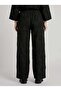 Women's Black Jacquard Patterned Wide-Leg Trousers with Elastic Waist and Pockets - 4