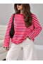 Women's Red-Pink Striped Crew Neck Sweatshirt - 2