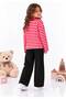 Girl's Red-Pink Striped Hooded Sweatshirt-Black Wide-Leg Sweatpants Set - 2