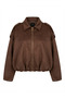 Women's Suede Look Bomber Jacket with Elastic Bottom and High Collar - 6