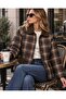 New Season Premium Quality Plaid Patterned Quilted Women's Jacket – Velvet Collar, Pocketed, Snap-Fastened Coat - 4