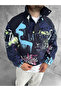 Navy Blue Graffiti Patterned Oversize Plush Sweatshirt with Half Zipper - 2