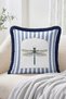 Decorative 4-Piece Fringed-Tasseled Throw Pillow Cover with Butterfly, Bird, Dragonfly and Flower Patterns and Blue Stripes - 2