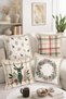 Plaid Patterned 4-Piece Fringed-Tasseled Throw Pillow Cover Set with Deer, Pine Branch and Red Fruit Motifs