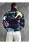 Navy Blue Graffiti Patterned Oversize Plush Sweatshirt with Half Zipper - 3