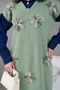 Women's Floral Appliqué Shirt Collar Long Knit Dress with Denim Trim - 7