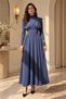Women's Blue Stand-Up Collar Padded Crepe Fabric Tie-Neck Dress Nbmy4158