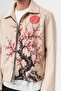 Sakuramoon Japanese Cherry Blossom and Red Full Moon Pattern Velvet Zipper Men's Jacket - 2