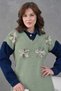 Women's Floral Appliqué Shirt Collar Long Knit Dress with Denim Trim - 4