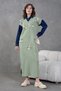 Women's Floral Appliqué Shirt Collar Long Knit Dress with Denim Trim