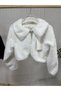 Girl's White Plush Fur Bolero Jacket |   Bow-Tie Baby Collar, Stone Brooch, Long Sleeves - 2