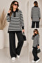 Women's Striped Shirt Collar Buttoned Oversize Knitwear Set - 2