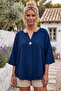 Navy Blue Pool Collar 3/4 Sleeve Washable Casual Muslin Woven Blouse 70 65 - 4