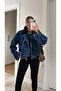 Denim Jacket with Velvet Collar and Belt Detail - 1114 - 2