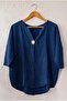Navy Blue Pool Collar 3/4 Sleeve Washable Casual Muslin Woven Blouse 70 65 - 2