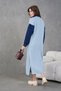 Women's Floral Appliqué Shirt Collar Long Knit Dress with Denim Trim - 7