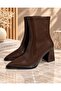 Pointed Toe Thick Heel Side Zipper Shiny Patent Leather Brown Color Daily Comfortable Heeled Boots - 3