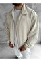 Ecru Oversize Velvet Zippered Bomber Jacket