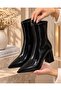Pointed Toe Thick Heel Side Zipper Shiny Patent Leather Black Daily Comfortable Heeled Boots