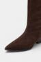 Women's Brown Suede Pointed Toe Short Heeled Below the Knee Boots - 4