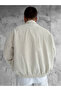Ecru Oversize Velvet Zippered Bomber Jacket - 5