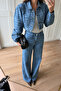 Blue Croco Crop Jacket Pants Set - 1189 - 2