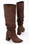 Zri̇nx-2002 Premium Brown Suede Bellows Thick Heeled Women's Boots 7 cm