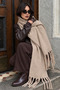 Women's Beige Winter Shawl |   Soft Textured Tasseled Shoulder Scarf - 2