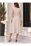 New Season Women's Elegant Lace Sleeve Detailed Waist Belted Midi Dress - 3