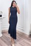 Women's Summer Navy Tulle Lace Lined Round Neck Sleeveless Asymmetrical Cut Long Dress 50425 - 2