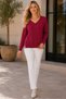 Women's Long Sleeve V-Neck Button Detailed Slit Loose Cut Modern Casual Burgundy Knitwear Sweater - 6