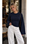 Women's Navy Blue Side Gathered Detailed Waist-Fitted Blouse