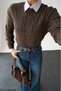 Women's Brown Crew Neck Braided Knitwear Sweater - 5
