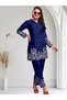 Blue Slub Cotton Floral Embroidered Kurti Pant Set - LRN10093 | Blue-Size:M-38-Inches