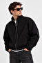 Unisex Black Boxy Fit Bomber Jacket with Stand Collar, Zipper and Elastic Waist, Basic Casual Jacket - 2