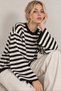 Women's Black Striped Crew Neck Oversize Casual Stylish Wide Spanish Sleeve Knitwear Sweater - 5