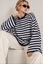 Women's Navy Blue Striped Crew Neck Oversize Casual Stylish Wide Spanish Sleeve Knitwear Sweater - 3