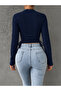 Navy Blue Lace Patterned Long Sleeve Crop Blouse, Navy Blue Embroidery Patterned Side Gathered Lycra Blouse - 4