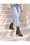 Women's Stretch Brown Pointed Toe Thick Heeled Ankle Boots with Zipper, Stylish Daily Boots (9 cm) - 7