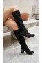 Women's Thick Heeled Long Suede Boots with Metal Detail - 3