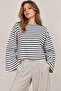 Women's Navy Blue Striped Woven Fabric Spanish Sleeve Crew Neck Blouse