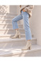 Women's Stretch Beige Cream Pointed Toe Thick Heeled Ankle Boots with Zipper Stylish Daily Boots (9 cm) - 4