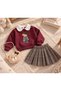 Girl's Teddy Bear Printed Collared Sweatshirt, Pleated Shorts, Skirt, and Bag Set for Ages 2-3-4-5, Black, Brown, Burgundy - 2