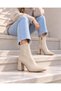 Women's Stretch Beige Cream Pointed Toe Thick Heeled Ankle Boots with Zipper Stylish Daily Boots (9 cm) - 7