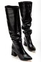 Zri̇nx-2002 Premium Black Wrinkled Bellows Thick Heeled Women's Boots 7 cm