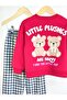 Girl's Red Sweatshirt with Front and Back Print Detail and Black and White Gingham Pants Top and Bottom Set - 3