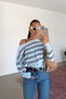 Women's Blue Boat Neck Striped Knitwear Sweater - 2