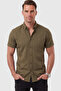 Men's Slim Fit Lycra Jacquard Textured Khaki Short Sleeve Shirt – Flexible Embroidered Emblem 2604356 - 2