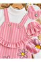 New Season Daisy Patterned Ruffled Double Set Salopet Dress & Ribbed Bodysuit Suitable for Kindergarten & Nursery - 4