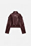 Agli̇mmer Women's Bordo Faux Leather Jacket with High Collar Apolete - 4